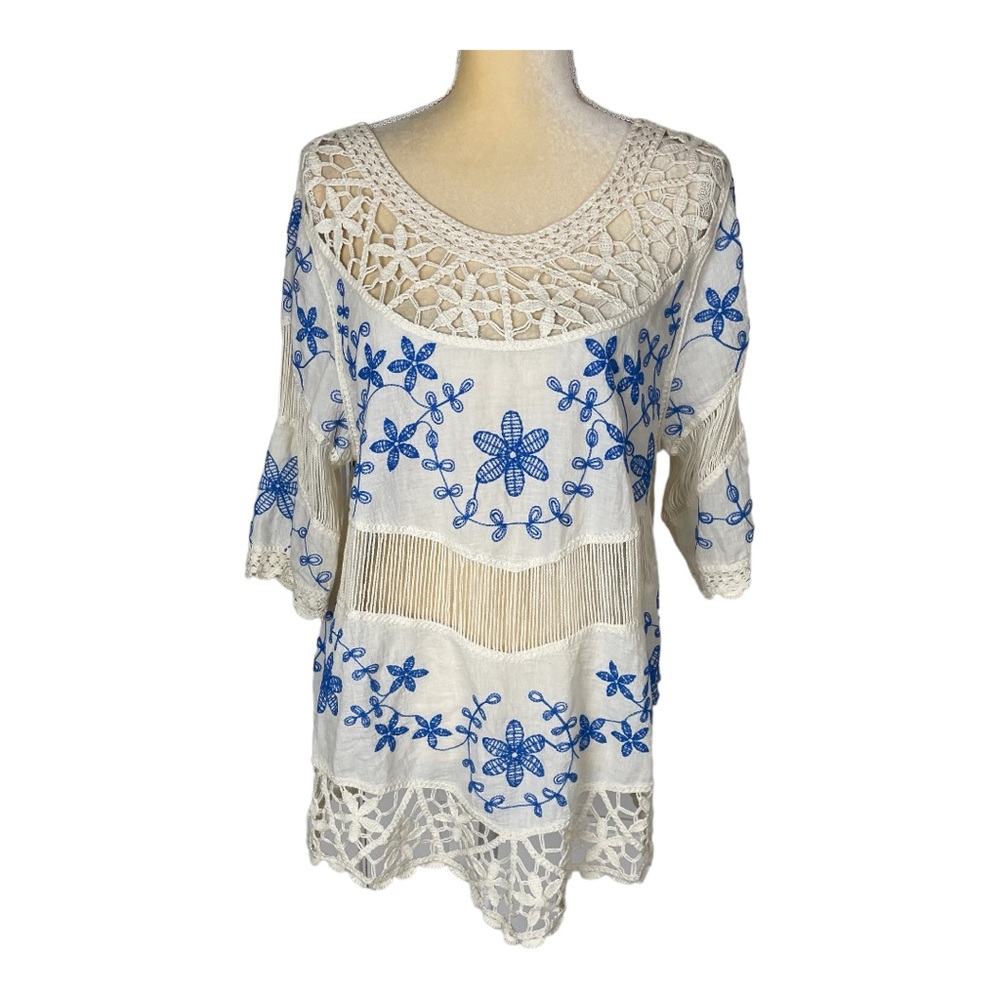 Oliver Crochet Embroidery Tunic Top Blue‎ Cream Cotton Size Medium